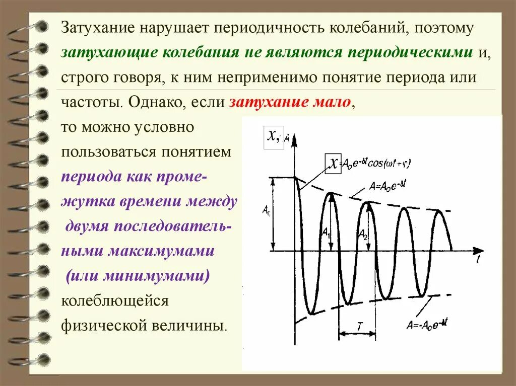 Закон затухания колебаний. Частота свободных затухающих механических колебаний. Закон изменения амплитуды затухающих колебаний. Амплитуда свободных затухающих механических колебаний. Формула периода колебаний затухающих колебаний.