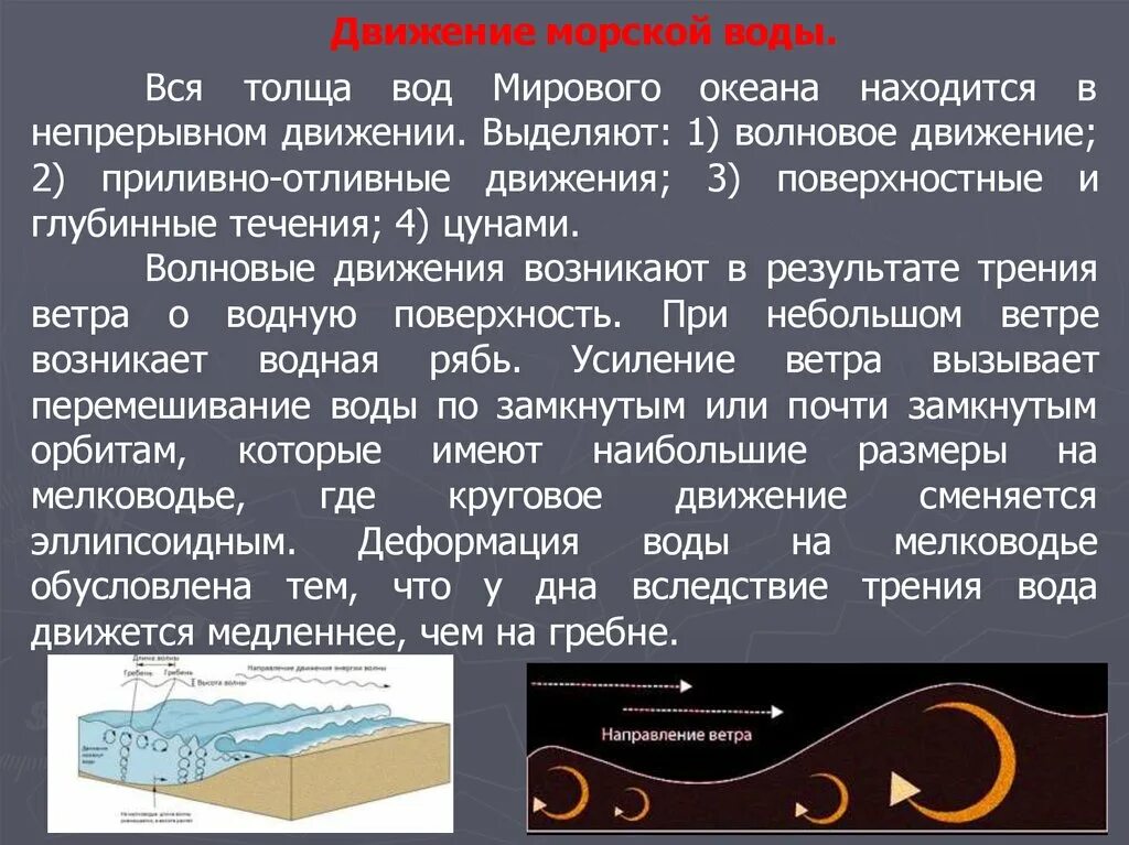 Движение морских вод. Волны глубинные и поверхностные. Основные виды движения морской воды. Движение морских вод география 6 класс. Причины движения вод