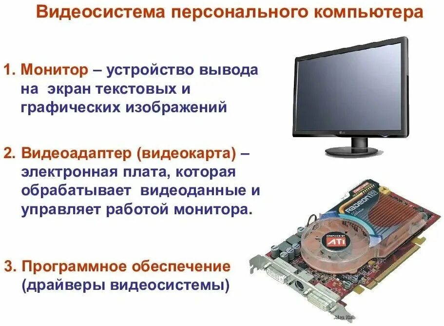 Видеосистему компьютера образуют. Видеосистема компьютера состоит. Видеосистема персонального компьютера схема. Основные компоненты видеосистемы компьютера. Мониторы и видеоадаптеры.