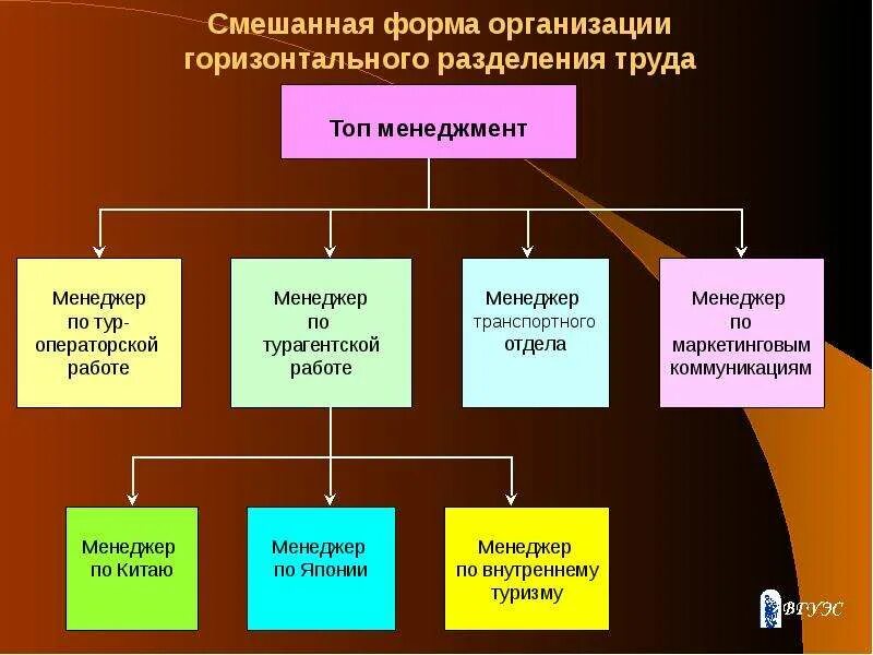 Формы организации системы управления. Разделение труда в организации. Вертикальное Разделение труда в организации. Горизонтальное Разделение труда. Смешанные формы организации.