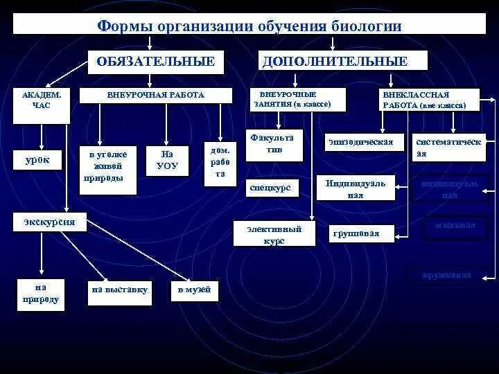 Системы образования по биологии. Формы обучения биологии. Виды обучения биологии. Средства обучения биологии схема. Методы и приёмы организации обучения биология.