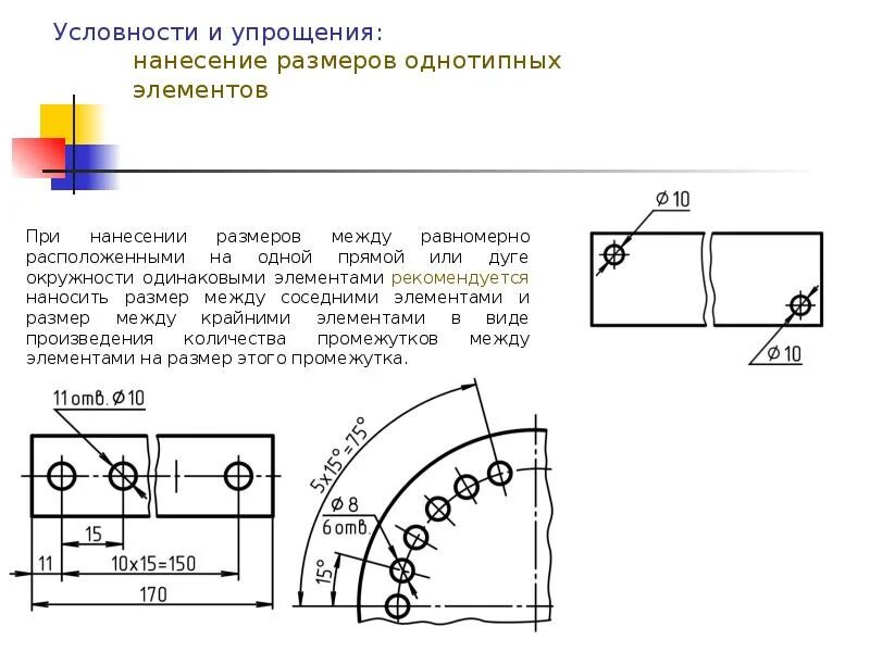 Упрощения в нанесении размеров на чертежах. Простановка повторяющихся размеров на чертеже. Размеры повторяющихся элементов на чертеже. Нанесение одинаковых размеров на чертеже.