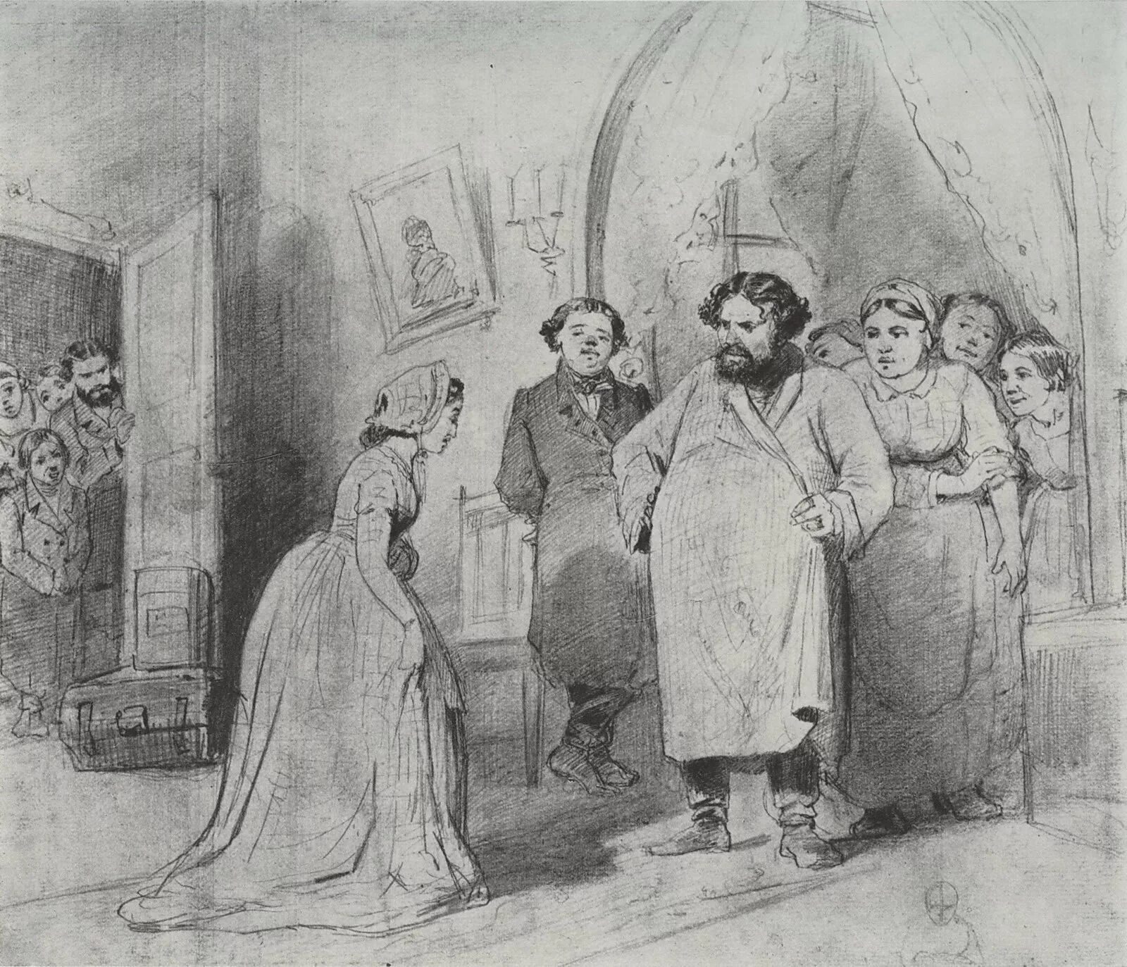 Перов. Приезд гувернантки. 1866. Приезд гувернантки в Купеческий дом (1866). Перов в.г.. Приезд гувернантки в Купеческий дом картина.