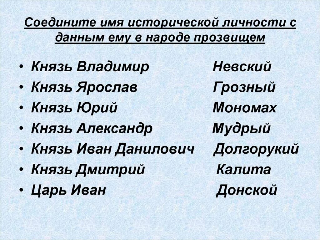 Какое из приведенных ниже имен исторических личностей. Прозвища исторических деятелей. Исторические клички. Соедините имя князя и его прозвание. Имена русских князей и их прозвища.