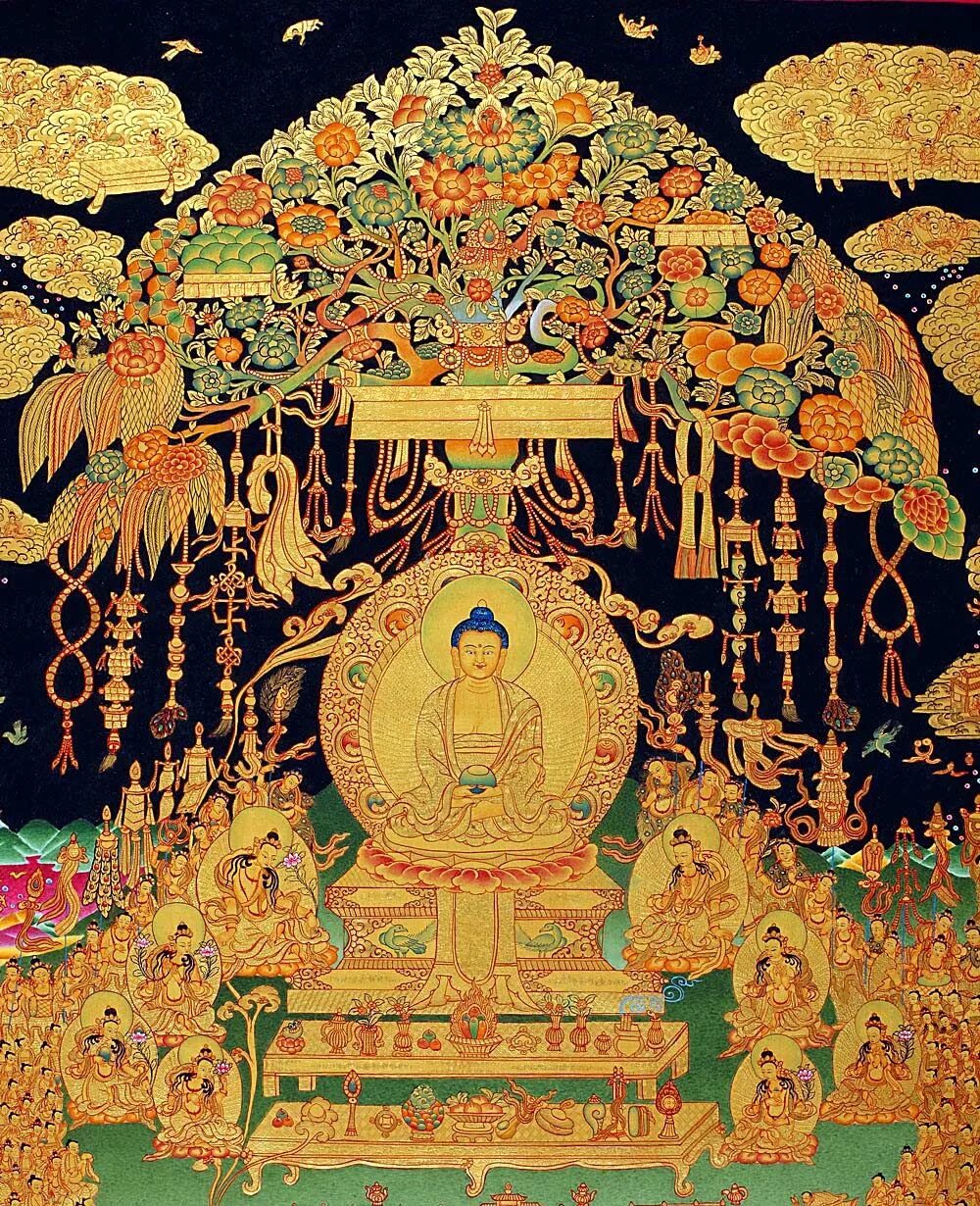 Амитабха Будда Сукхавати. Тибетская живопись тханка. Будда Амитабха тханка. Сукхавати чистая земля Будды Амитабхи. Художественная культура буддизма