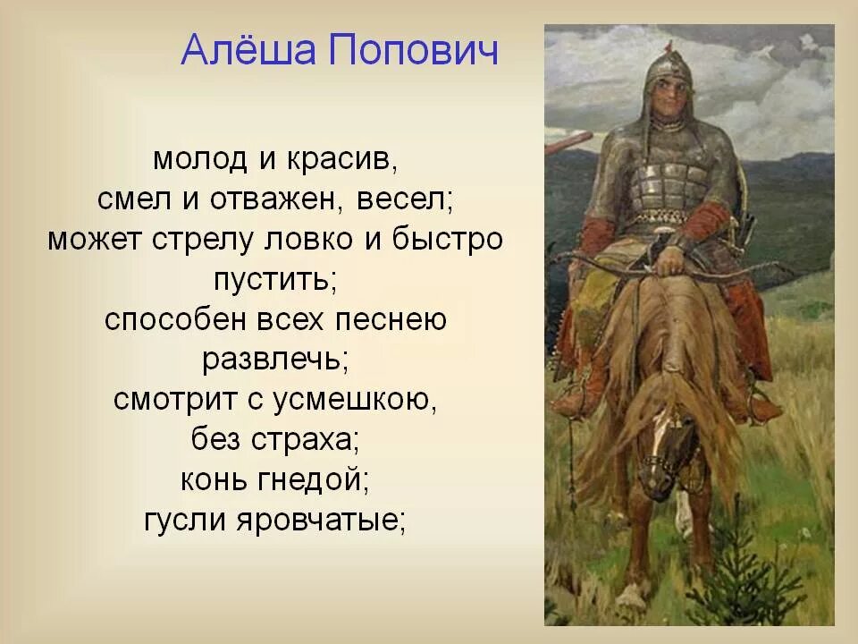 Алеша Попович на картине Васнецова богатыри. Алёша Попович по картине Васнецова богатыри. Доклад про богатыря Алешу Поповича для 4 класса. Описание богатыря Алеши Поповича 4 класс. Алеша попович сообщение 5 класс