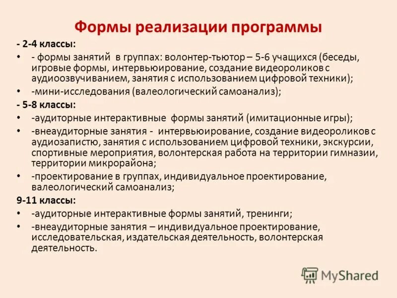 Форма реализации программы. Форма реализации программы