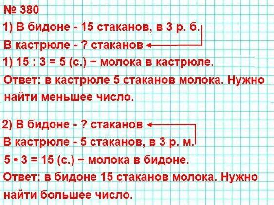 В бидоне 15 стаканов молока в нём в 3 раза больше молока чем в кастрюле. Задачи на нахождение большего или меньшего числа. Задача для первого класса в бидоне. В 3 раза больше. Сколько будет ответ 15 3