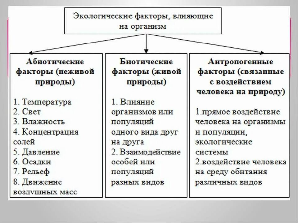 Какие факторы влияют на значение. Абиотические биотические и антропогенные факторы таблица. факторы окружающей среды 5 класс биология. экологические факторы абиотические биотические. экологические факторы живой природы 5 класс биология.