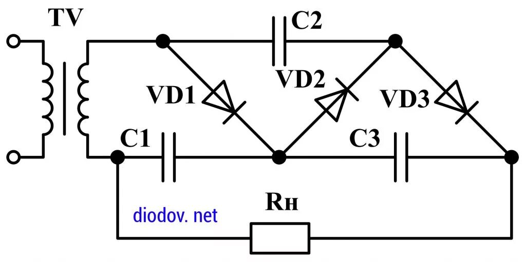 Схема умножителя напряжения на диодах и конденсаторах