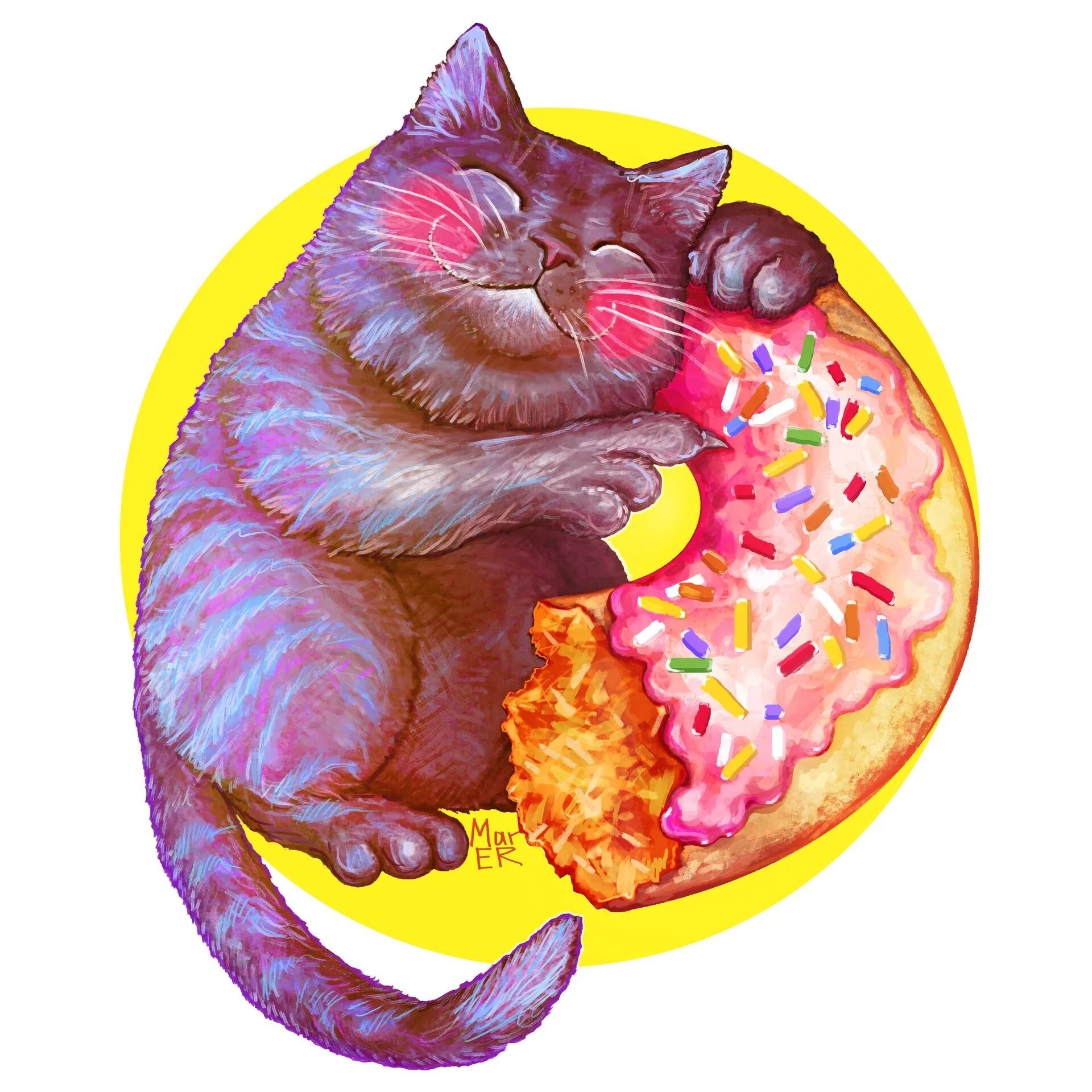 Котик в пончике. Кошачьи сладости. Сладкая кошка. Конфетная кошка.