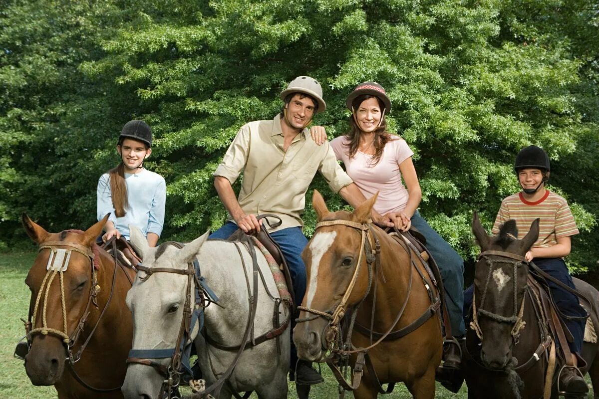 Конная прогулка. Семья лошадей. Семейная прогулка на лошадях. Катание на лошадях.