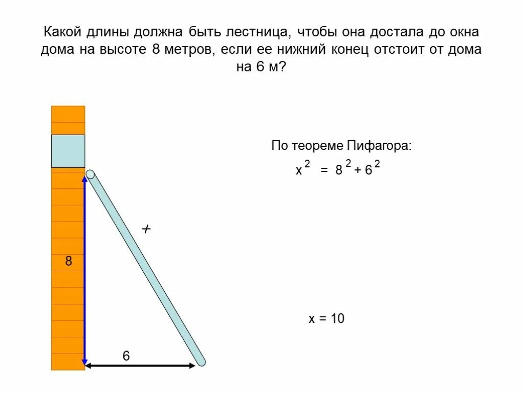 Высота стены 6 метров. Какой длины должна быть лестница. Теорема Пифагора лестница. Лестница длиной 7,5 метров представлена к стене. Лестница на высоту 6 метров расположение.