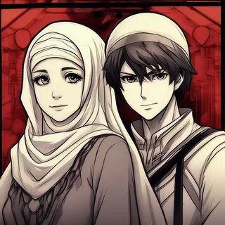 девушка в хиджабе , парень с крестом, аниме.