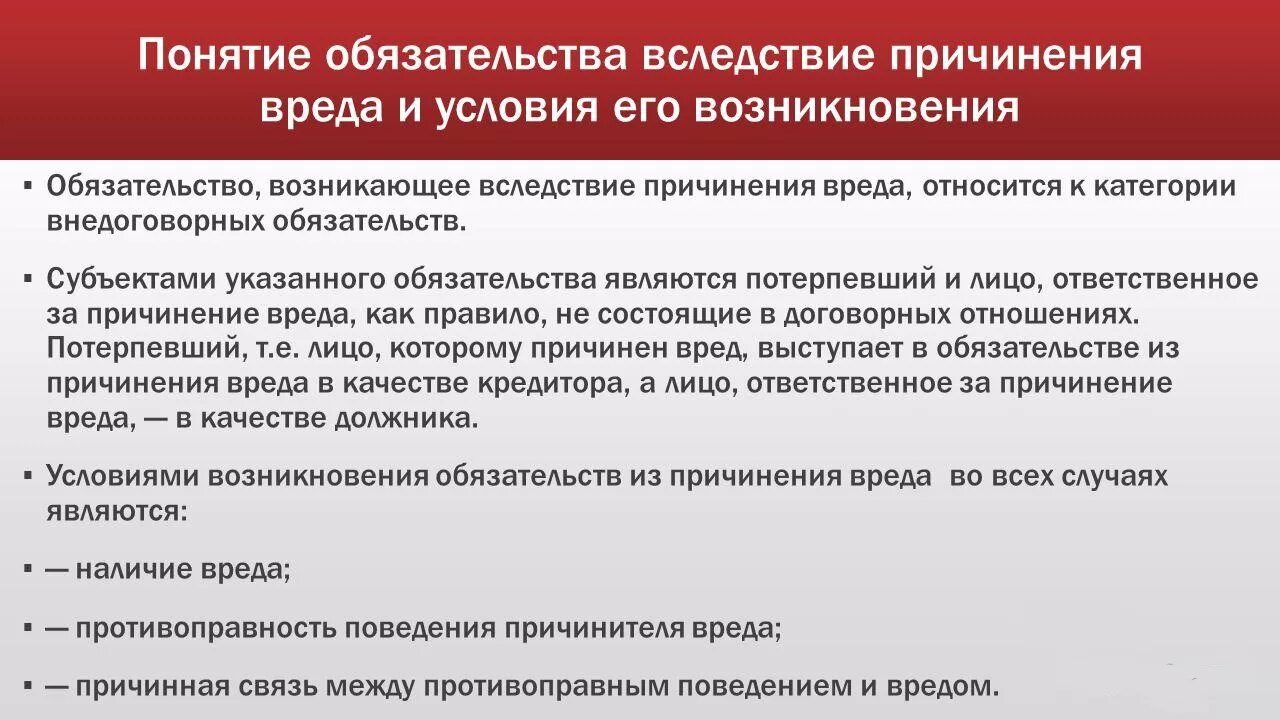 Понятие обязательств возникающих вследствие причинения вреда. Общие условия возникновения обязательств из причинения вреда. Понятие обязательства. Понятие обязательств из причинения вреда.