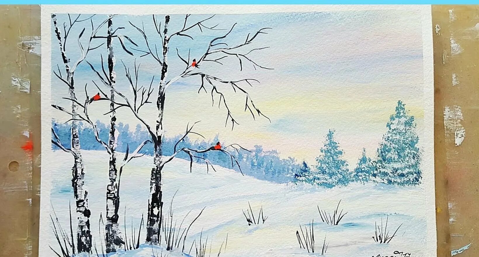 Зимний пейзаж рисунок легкий. Зимний пейзаж гуашью. Простой зимний пейзаж гуашью. Рисование гуашью зимний пейзаж. Зимний пейзаж гуашью для начинающих.