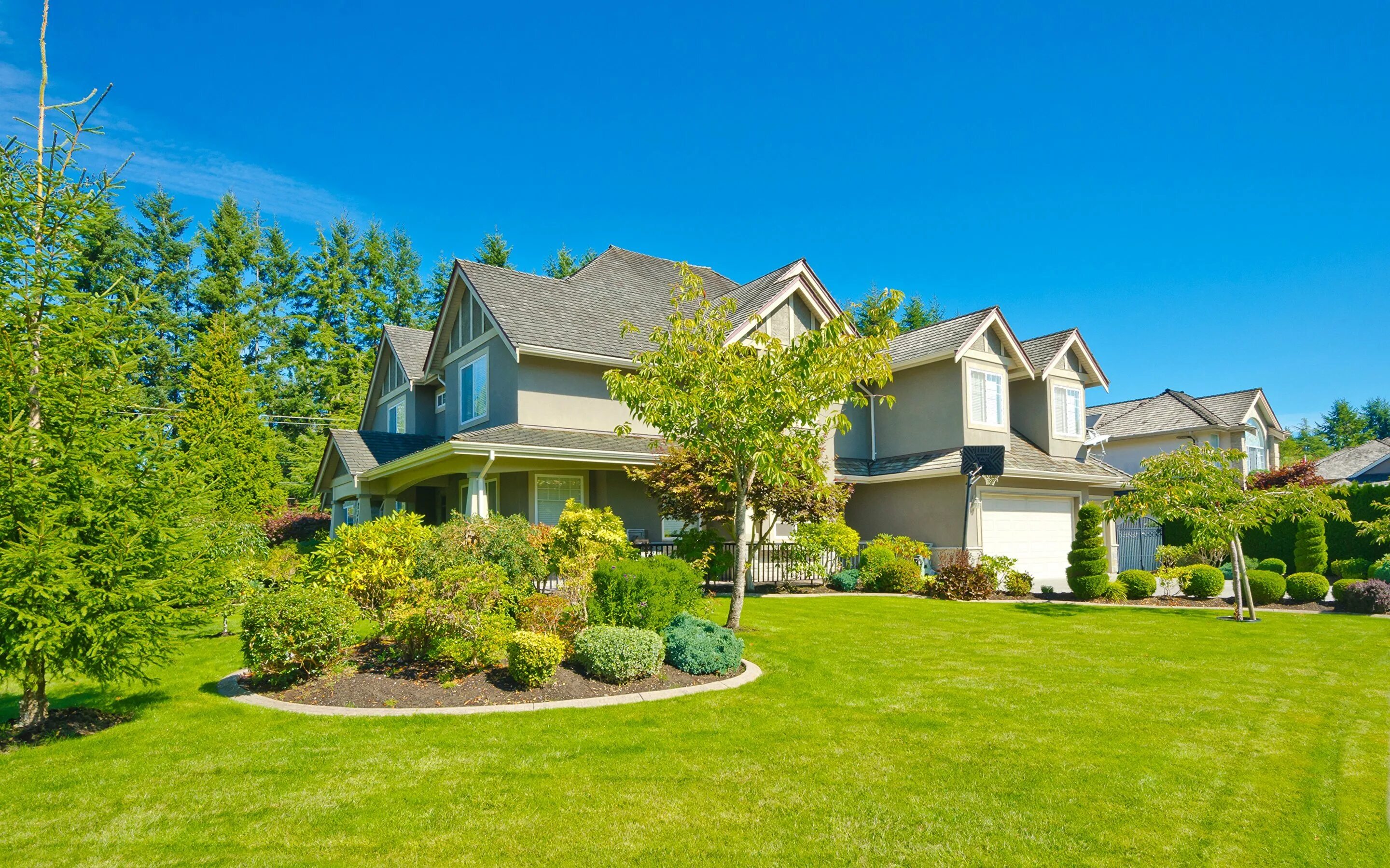 ландшафт коттеджа. визуализация ландшафта. красивый дом с газоном. домик в поле. двор зеленый газон.