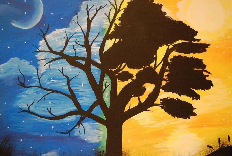Рисование день и ночь. День и ночь рисунок. Дерево день ночь. Иллюстрация ночь дерево.
