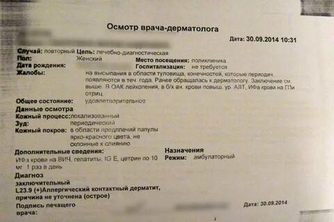 Заключение врача дерматолога