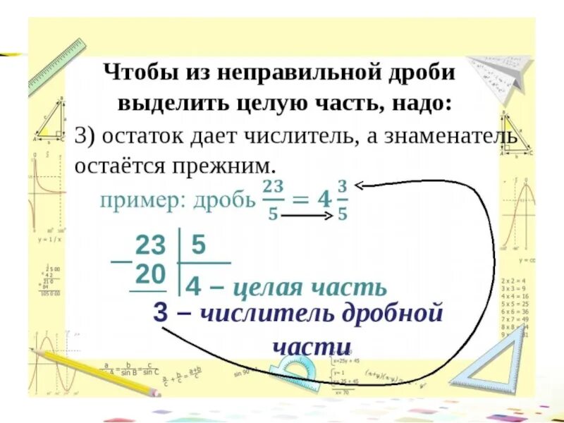 Как переводить из правильной в неправильную. Неправильную дробь перевести в правильную дробь. перевести из неправильной дроби в правильную. выделение целой части из неправильной дроби. как перевести неправильную дробь в правильную.