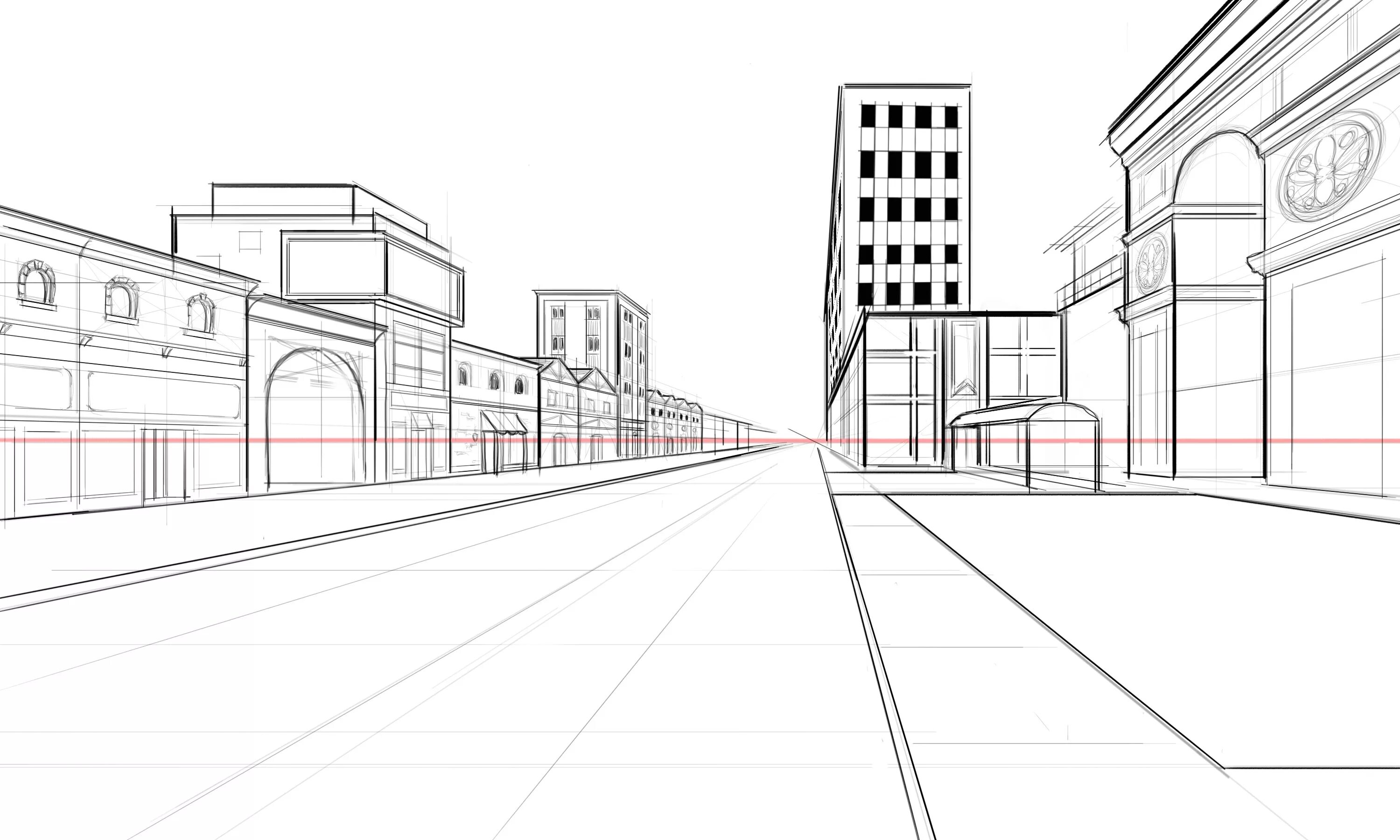 Зарисовка города линейная перспектива. Перспектива улицы. Эскиз городского пейзажа. Городской пейзаж в перспективе. Рисунок нарисовать улицу