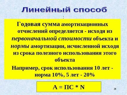 Линейным методом годовая сумма амортизации