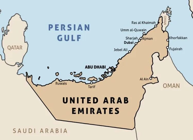Дубай страна материк. Карта ОАЭ С Эмиратами. Арабские эмираты политическая карта. Расположение Эмиратов на карте ОАЭ.