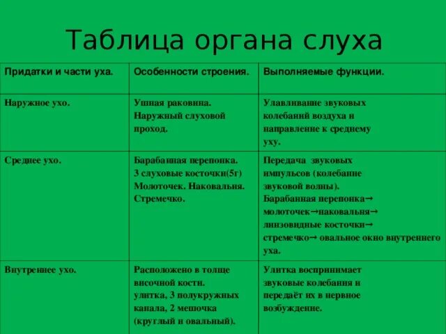 Тест орган слуха 8 класс. Таблица строение уха отдел строение функции. Строение слуха органа человека таблица 1. Особенности строения наружного уха. Строение наружного среднего и внутреннего уха таблица.