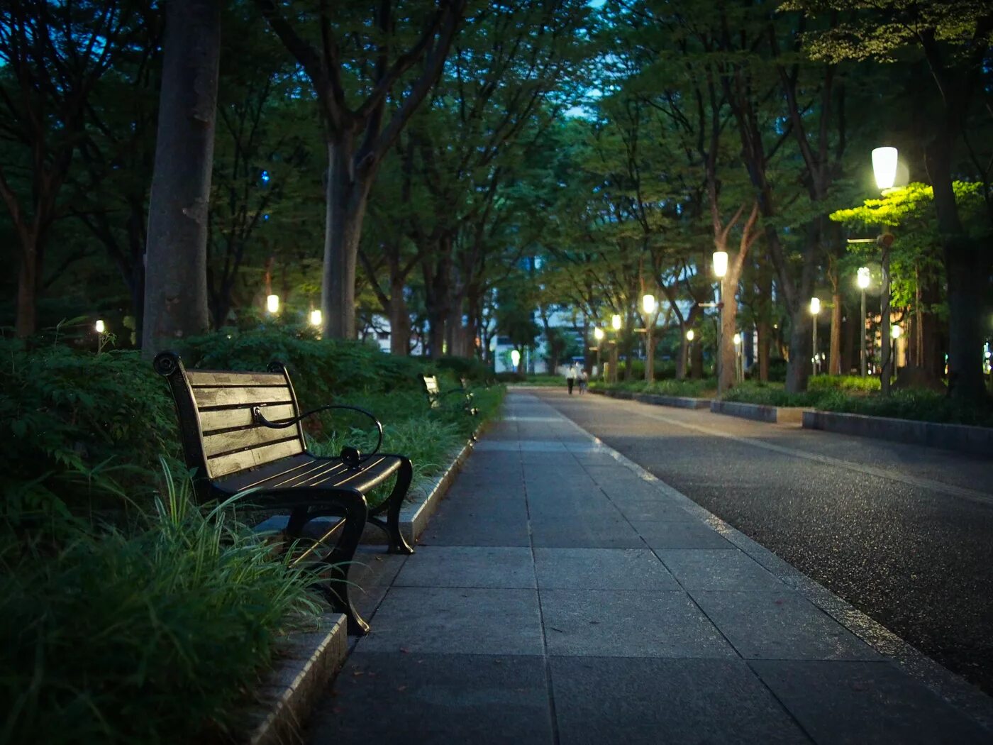 Парк Манхеттен лавочка фонарь. Вечерняя улица. Ночной город парк. Красивый тротуар в городе. Street let