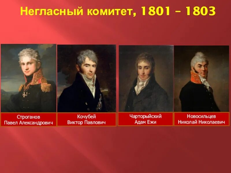 Негласный комитет участники. Чарторыйский Новосильцев Кочубей. Новосильцев Строганов Чарторыйский. Строганов при Александре 1 негласный комитет.