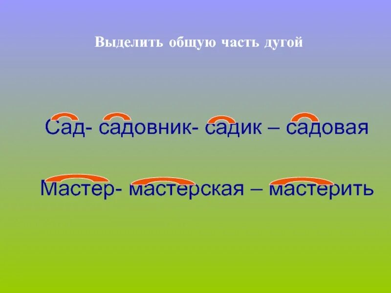 Разгаданная однокоренные. Выдели общую часть у слов.. Родственные слова сад. Как выделить общую часть слова. Подобрать с общей частью слова сад.