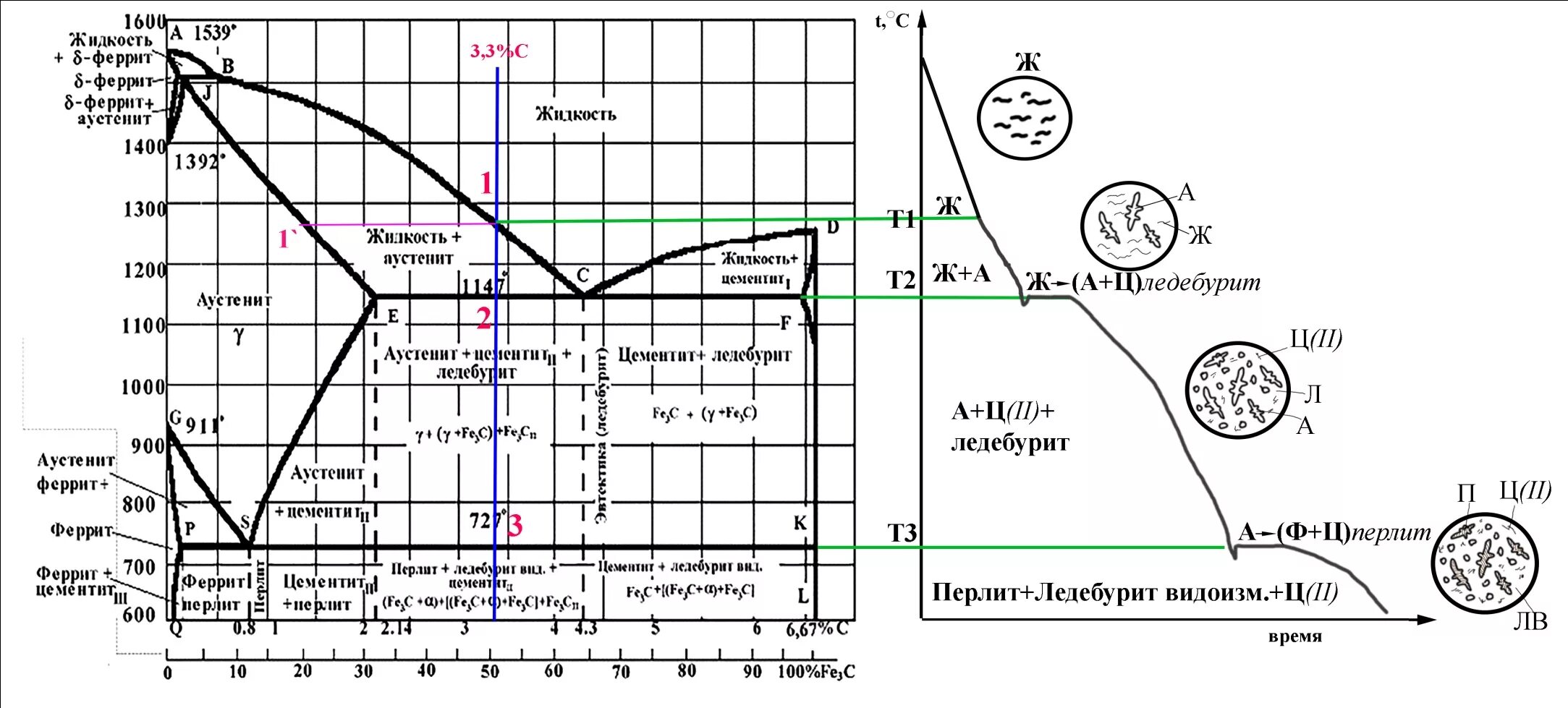 Углерод при комнатной температуре. Диаграмма состояния железо-цементит Fe-fe3c. Диаграмма состояния железо-цементит кривая охлаждения. Кривые охлаждения диаграммы состояния железо-углерод. Диаграмма состояния сплава железа цементит.
