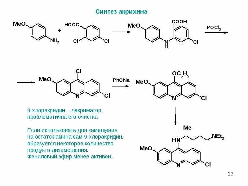 13 синтезы. Синтез акридина. Синтез хинолина. Акрихин формула. Акрихин Синтез.