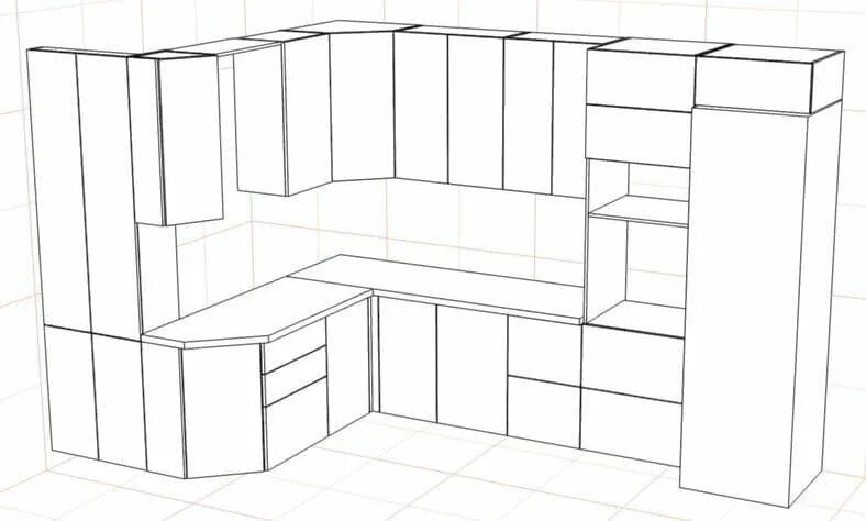 Верхний кухонный угловой модуль 90º. Мебельный раскрой. Распил деталировка. Чертёж кухни с размерами для распила лдсп. Чертеж детали из базис мебельщик.