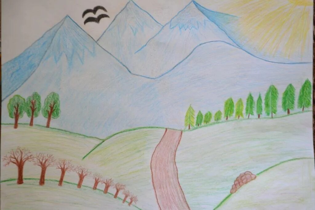 Рисунок на тему мой родной край. Рисунок на тему горы. Легкий пейзаж горы. Рисунок на тему пейзаж.