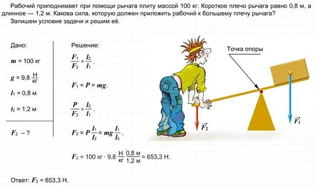 Рабочий приподнимает при помощи рычага плиту массой 100. Рычаг при подъеме груза. Поднимание груза при помощи рычага. Плечо рычага.