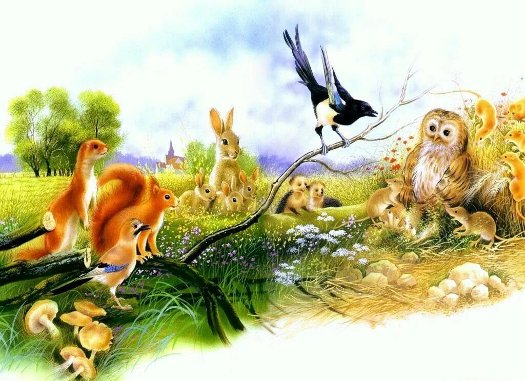 Сказочные Лесные жители. Сказочные зверюшки. Дети на природе с животными. Сказочный лес с животными.