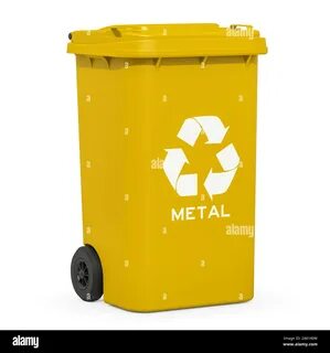Yellow recycling trash can for metallic rubbish, 3D rendering isolated on w...