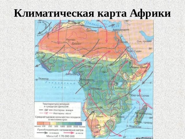 Средние осадки африки. Климатическая карта Африки 7 класс. Карта ветров Африки. Преобладающие направления ветров в Африке. Климатическая ката Африки.