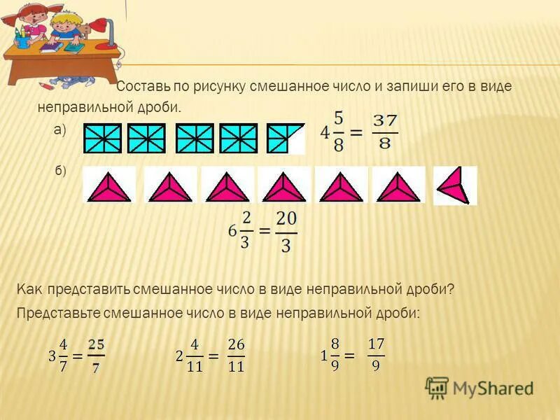 Смешанное число в виде неправильной дроби. Записать в виде смешанного числа. Неправильные дроби в виде смешанных дробей. Составь дробь по рисунку запиши в виде смешанного числа.