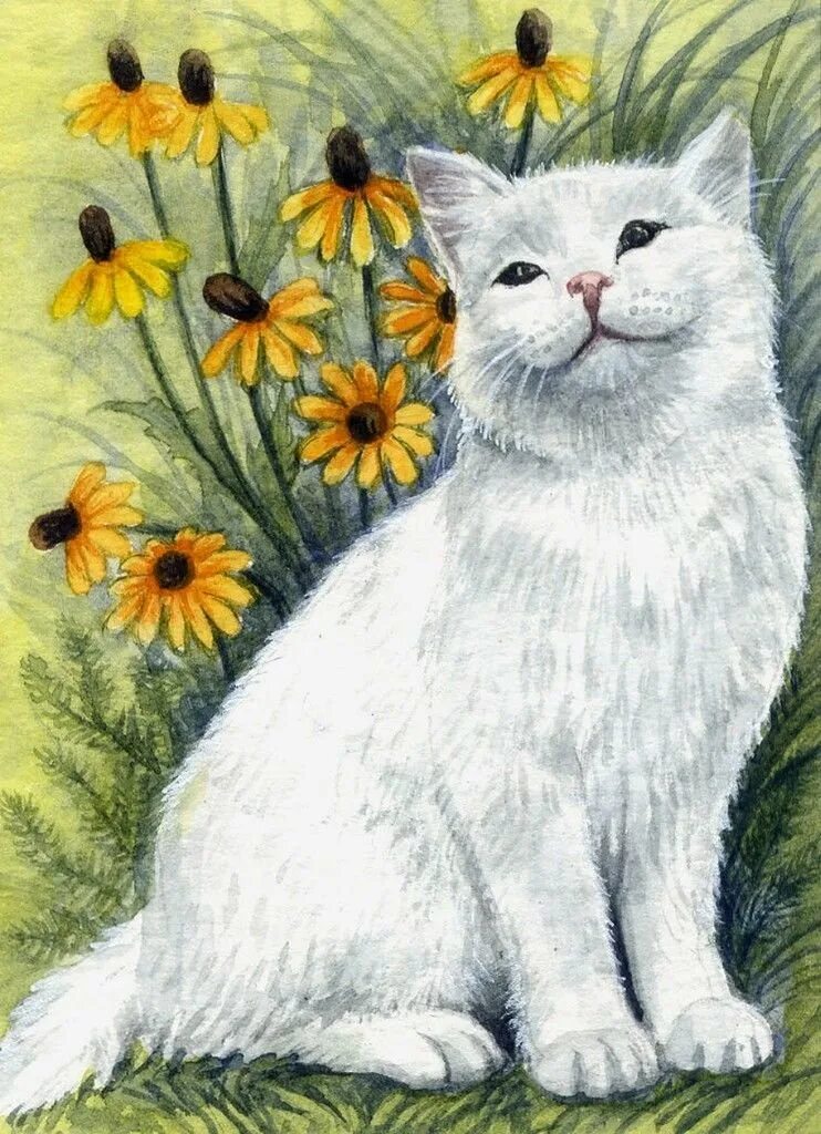 Кот иллюстрация. Elena mezhibovsky художник. акварельные коты/американская художница elena mezhibovsky. кошка рисунок. белая кошка в живописи.