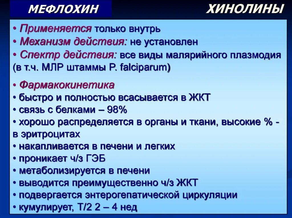 Мефлохин является препаратом гемошизонтоцидным. Механизм действия мефлохина. мефлохин дозировка. мефлохин заболевания. имеет узкий спектр действия; применяется только внутрь и наружно.