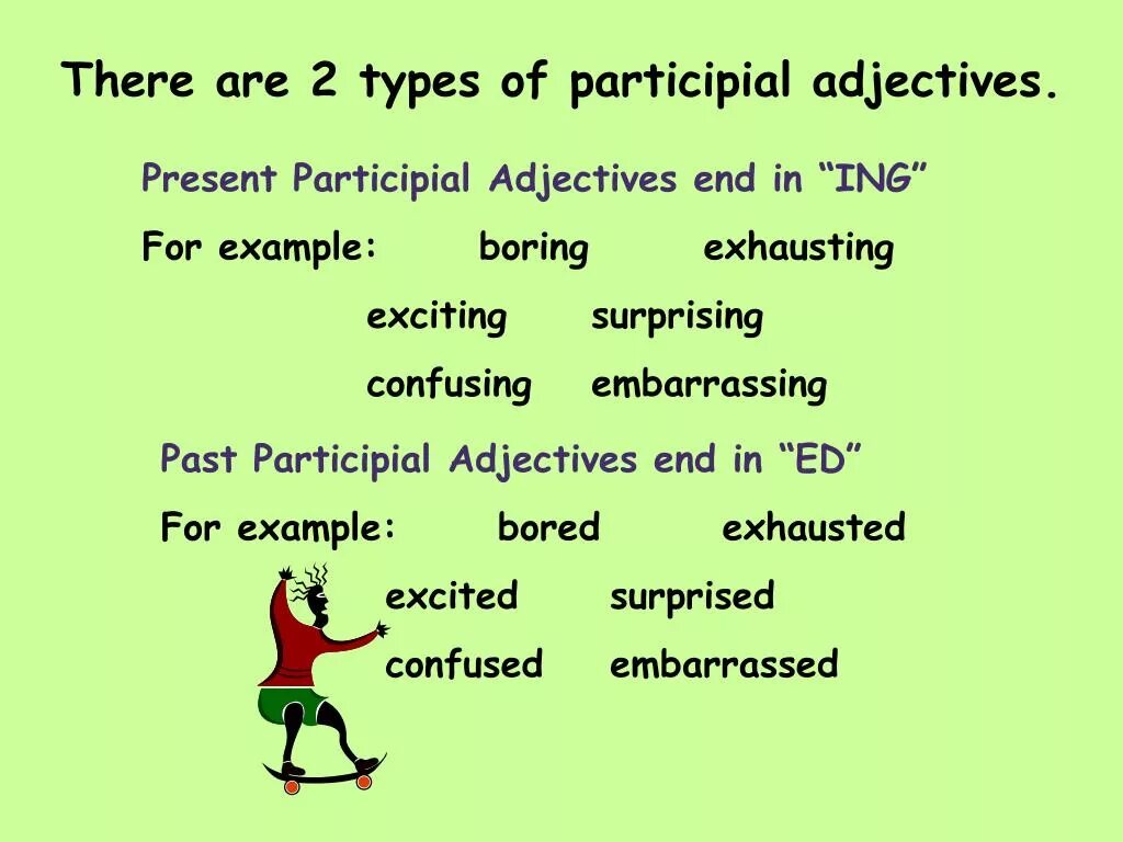 Adjective present participle. Participial adjective. Adjective + past participle. Participle adjectives правило. Прилагательные ed ing в английском языке