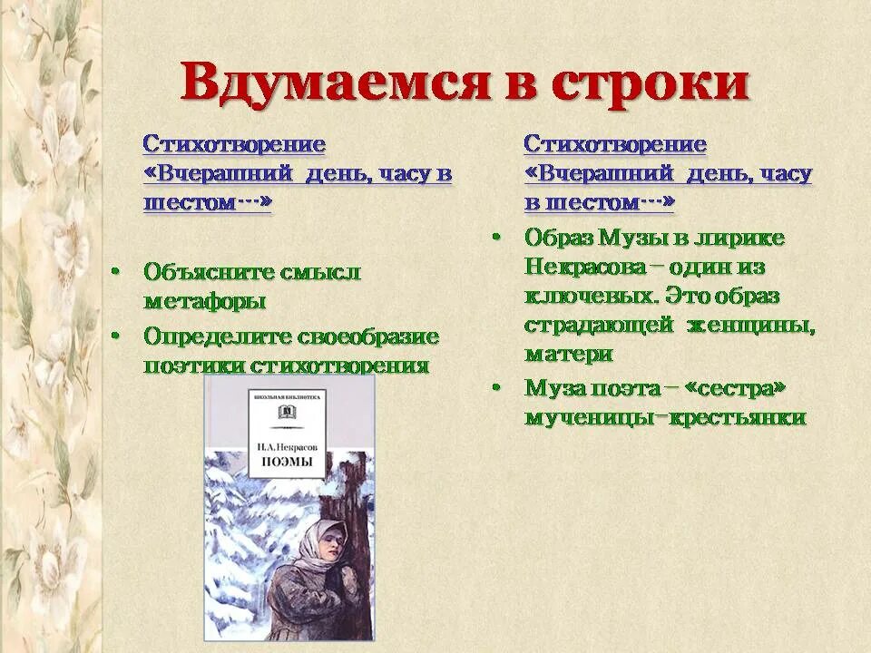 Анализ стихотворение вчерашний день. Тема поэта и поэзии в лирике н.а. Некрасова.. Образ музы в лирике. Вчерашний день часу в шестом. Вчерашний день Некрасов.