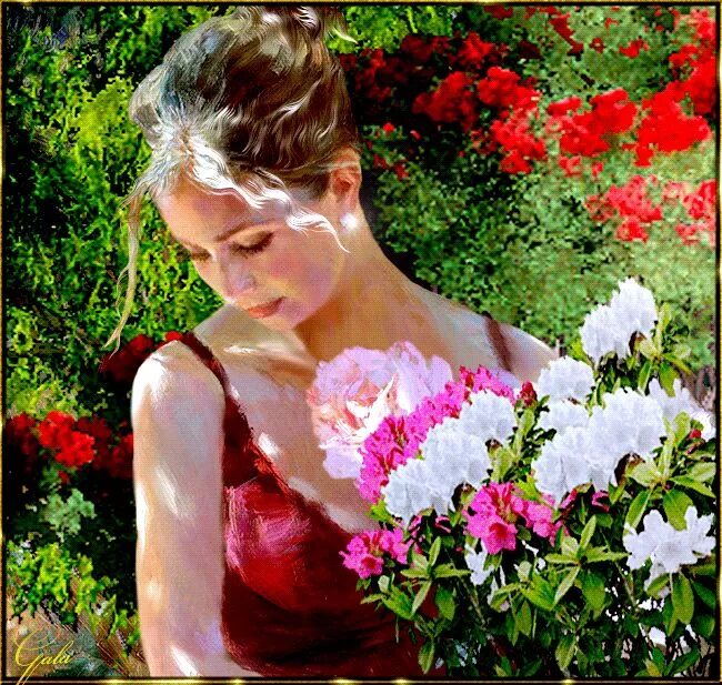 Цветы девушкам гифки. Девушка в цветочном саду. Девушка в цветах гиф. Девушка с цветком. Женщина в саду с цветами.