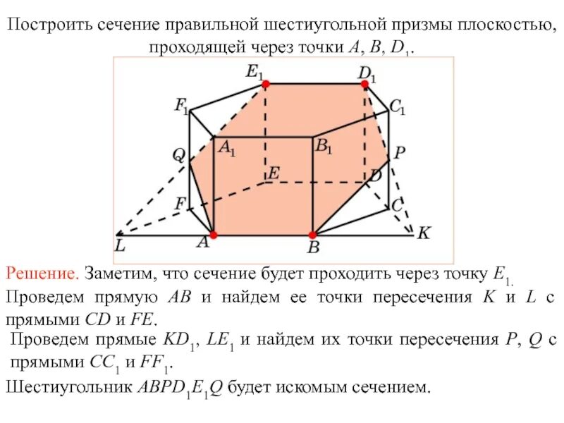 Сечение через точки. Построение сечений шестиугольной Призмы. Сечение шестигранной Призмы плоскостью. Сечение правильной шестиугольной Призмы. Построить сечение правильной шестиугольной Призмы.