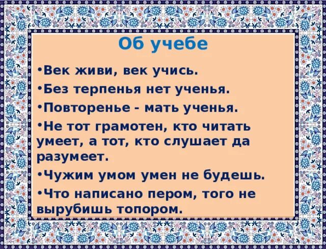 Век живи век учись смысл пословицы. Пословица без терпения нет учения. Учение мать пословица. Пословица чужим умом век не прожить.