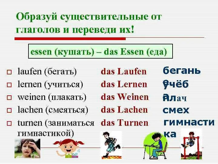 Немецкие слова глаголы. Существительное от глагола в немецком языке. Образовать глаголы от существительных. Образовать глагол от существительного. Образуйте существительные от глаголов.