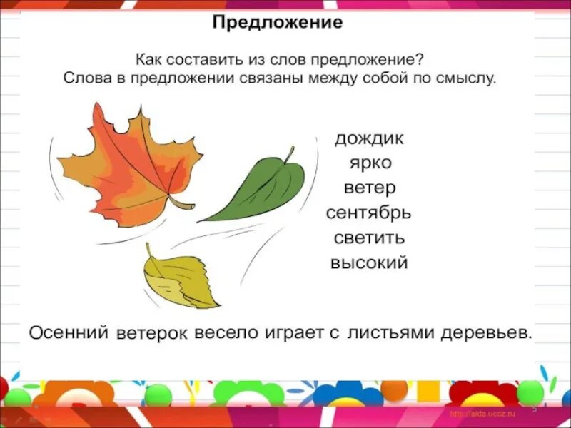 Вопрос к слову листьев. Придумать предложение. Составить предложение из слов. Составь предложения со словами. Составить предложения со словами.