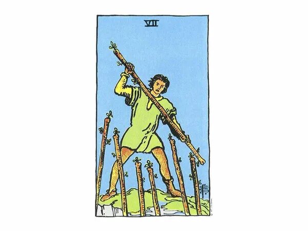 Vii таро значение. 7 жезлов таро уэйта. 7 жезлов райдер уэйт. семерка скипетров таро райдера уэйта. 7 жезлов карта таро уэйта.